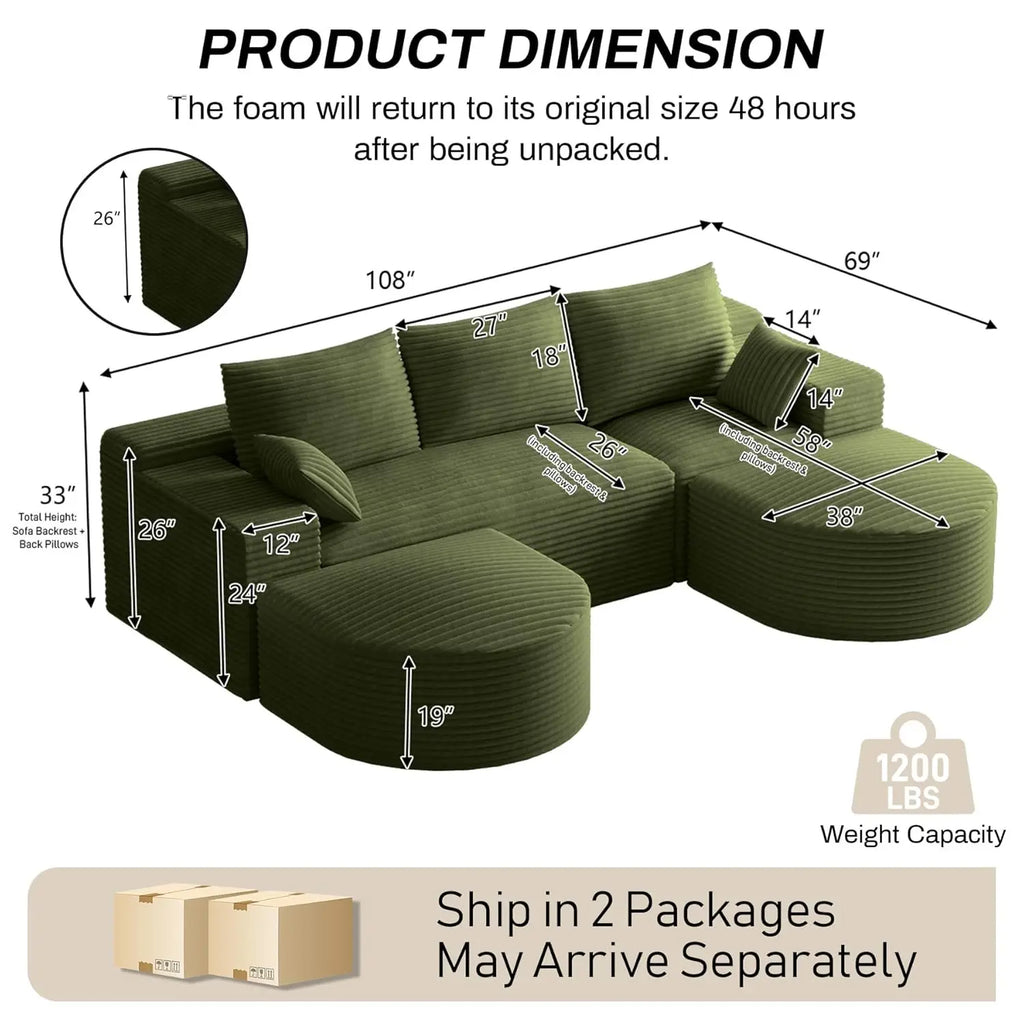 108in U-Shape Modular Sectional Sofa Deep Seat Corduroy Oversize Ottoman Cloud Couch Small Apartment Green Custom