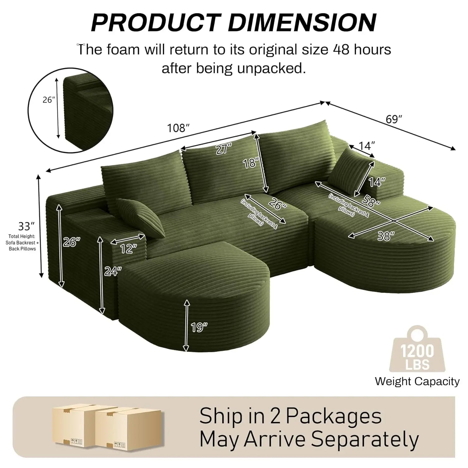 108in U-Shape Modular Sectional Sofa Deep Seat Corduroy Oversize Ottoman Cloud Couch Small Apartment Green Custom