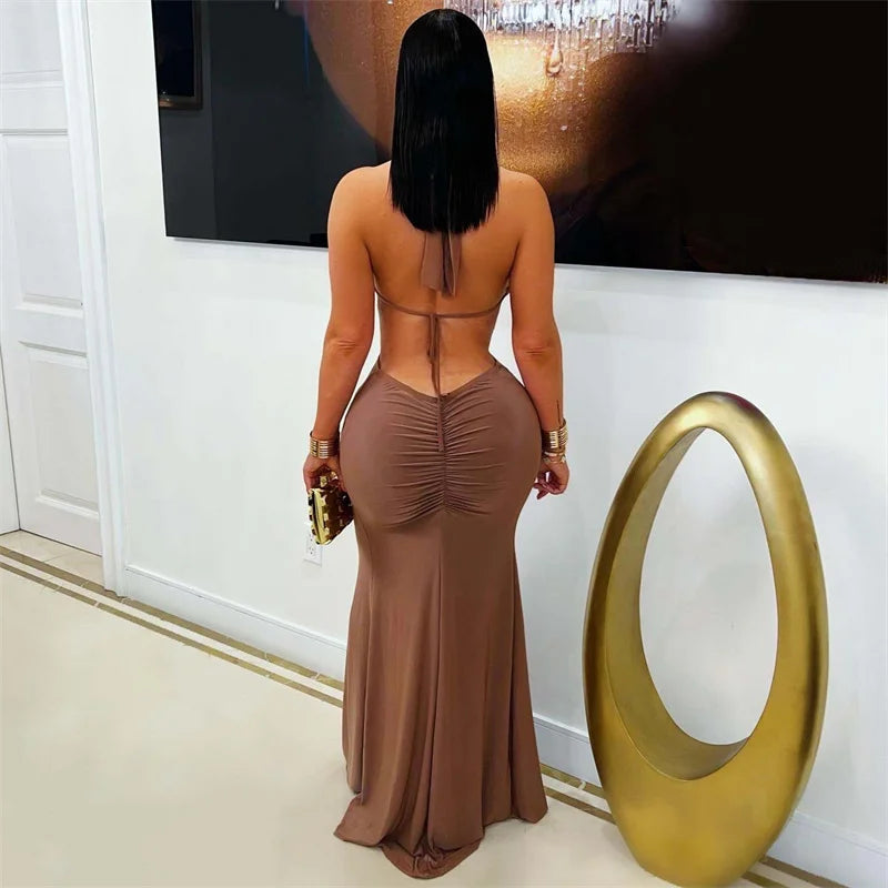 Sexy Halter Backless Mermaid Evening Dresses Woman Nightclub Prom Celebrity Metal Ring Bandage High Split Party Long Dress Robes