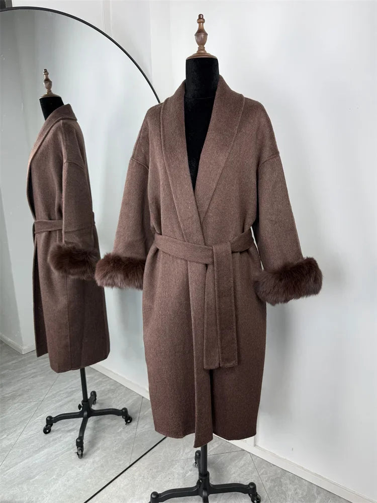 Elegant Lace Up Woolen Short Coat Solid Loose Lapel Furry Belt Long Sleeve Jacket Female 2025 Autumn Winter Lady Chic Cardigan
