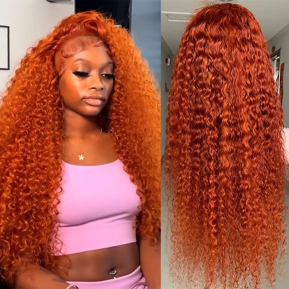 Orange colored Water wave 13x6 hd lace frontal human hair wig Preplucked deep wave 30 inch ginger lace front curly wigs on sale Secondary image