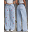 Denim Wide Leg Pants Women Jeans Embroidery High Waist Distressed Washed Mom Pockets Vintage Floor Length Trousers Streetwear