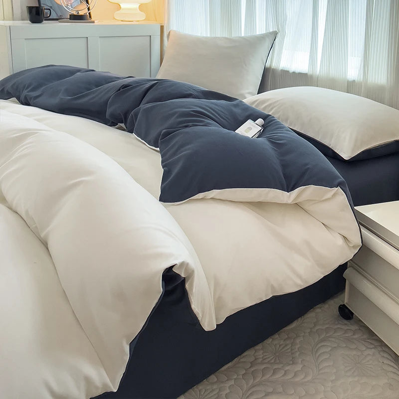 2-side Solid Color Brush Fabric Bed Set 4 Pieces Duvet Cover Pillowcase Bedding Set Bed Sheet Quilt Cover Single Queen King Size