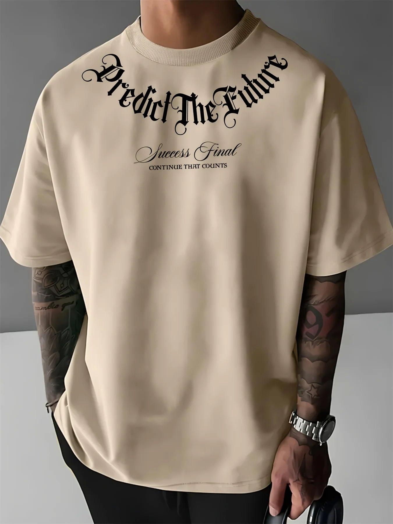 Summer men's 100% cotton comfortable casual wide plus size prediction for future letter printed round neck short sleeved T-shirt Main image