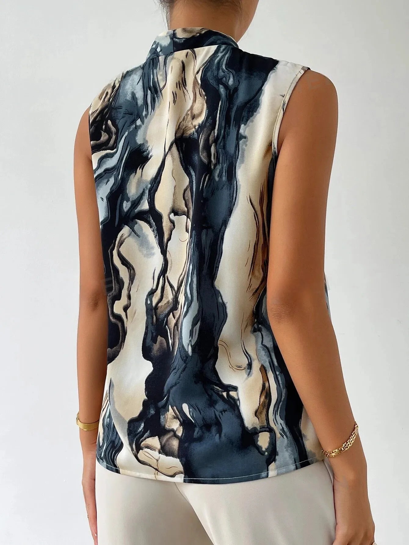 Ladies Marble Print Button Front Work Women Shirts Blouse Tops