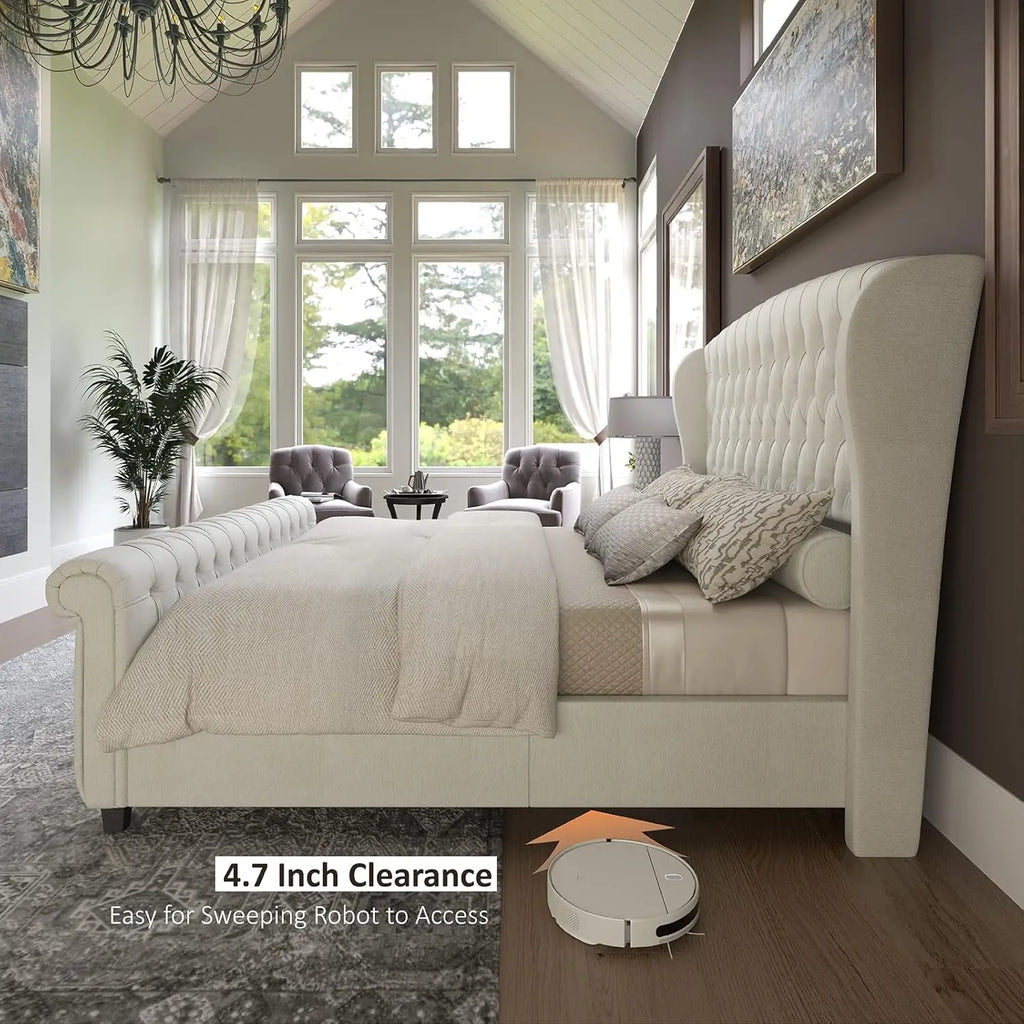 Queen Size Platform Bed Frame, Chenille Upholstered Sleigh Bed with Scroll Wingback Headboard & Footboard/Button, Customized