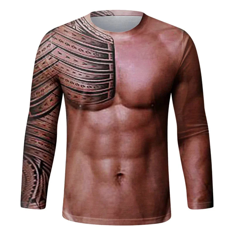 Funny Fake Muscle Graphic T Shirt Men's Long Sleeve T-Shirt New Arrival Sports 3D Printed Tshirt Casual Spring Running Tees Tops