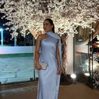Elegant Ribbon Halter Dress Women Solid Off Shoulder Sleeveless Backless Slim Maxi Dresses 2026 Summer Autumn Party Robes Lady