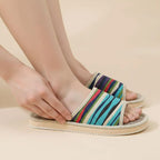 Striped Linen Open Toe Slippers Breathable Indoor House Slippers Anti Slip EVA Sole Lightweight Casual Home Slides For Men Women