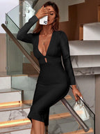Women's Fashion Spring Summer Sexy Elegant Black Long Sleeve Midi Backless Bodycon Bandage Dress Party Cocktail Evening Dress