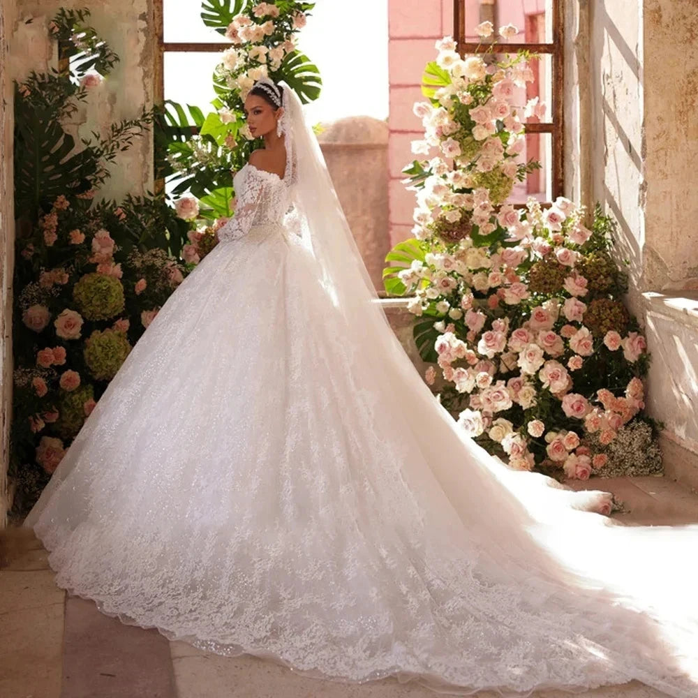 Vintage Wedding Dresses Off Shoulder Lace Appliques Long Sleeves Sequins Bride Dress Bridal Gowns  Vestido De Novia Secondary image