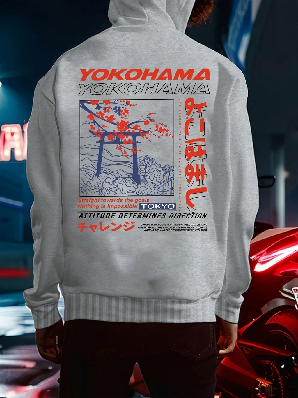 Men's autumn and winter casual fashion loose Tokyo pattern printed long sleeved hooded sweatshirt warm pullover