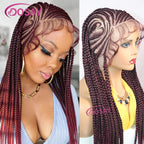 36'' Burgundy Full Lace Braided Wigs Synthetic Knotless Cornrow Heart Braid Wig For Women Box Braids Wig