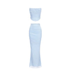 Mingmingxi Elegant Maxi Wedding Guest Dress Set Sexy Strapless Blue Cropped Top Set Bodycon Holiday Party Dresses Women