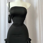 Women Strapless Sexy Floral Fold Hemline High Slit Mini Dress  2026 Solid Backless Sleeveless Black And Pink Party Dress Vestidos