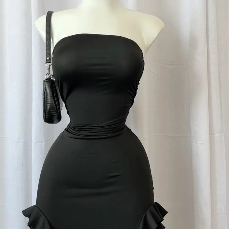 Women Strapless Sexy Floral Fold Hemline High Slit Mini Dress  2026 Solid Backless Sleeveless Black And Pink Party Dress Vestidos