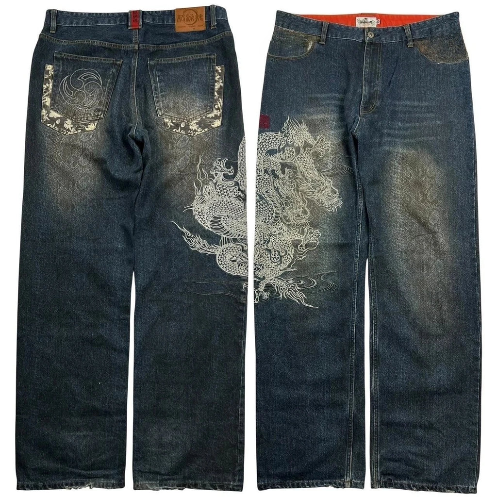 American Japanese Retro Selvedge Jeans Man Y2K High-end Brand Natural Indigo Dip Dyeing Harajuku Mopping Pants