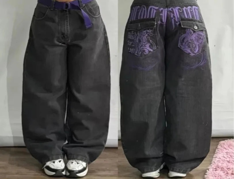Harajuku Vintage Hip-hop Pop Letters Embroidered Washed Baggy Jeans Ladies Y2K Gothic Fashion Casual High Waist Wide Leg Pants