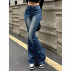 2026 Girls Concise Ins High Waist Flared Jeans Female Stretchy Bootcut Denim Pants Women Solid Color Thin Bell Bottoms Trousers