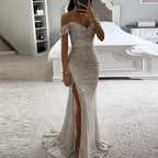 2026 Elegant Off-shoulder Gown Dress V-Neck Sequin Pleated Short Sleeve Waist Tight Maxi Dress Split Evening Party Prom Dress