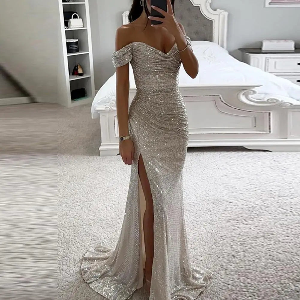 2026 Elegant Off-shoulder Gown Dress V-Neck Sequin Pleated Short Sleeve Waist Tight Maxi Dress Split Evening Party Prom Dress