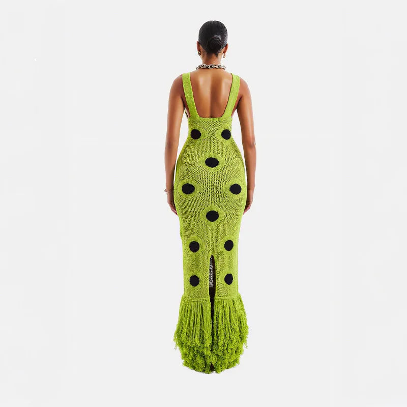 Women Sexy See Through Knitted Maxi Dress Hollow Out Deep Neck Pot Robes Tassel Hem Fork Party Vestidos 2025 New Lady Club Gown