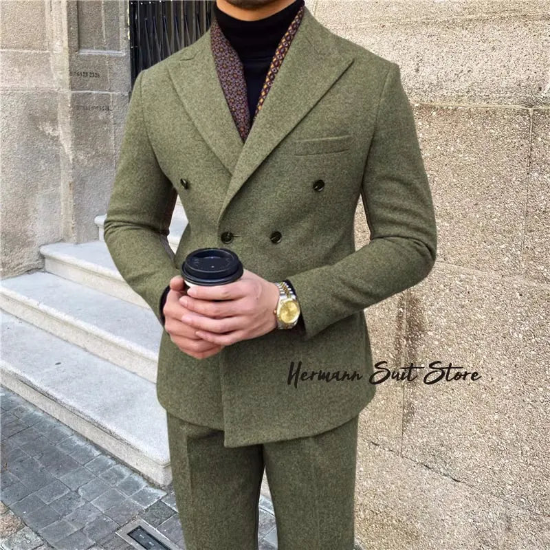 Wool Blend Men's 2 Piece Suit Set（Jacket+Pants) Double Breasted Lapel Suit Set Wedding Prom Dinner Wrok Travel Dinner Banquet