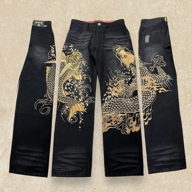 American Japanese Retro Selvedge Jeans Man Y2K High-end Brand Natural Indigo Dip Dyeing Harajuku Mopping Pants
