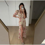 Flutter Sleeves Slim Long Dress Women Casual Pleated Deep V-neck Floral Print High Waist Dresses 2026 Lady Summer Holiday Wear