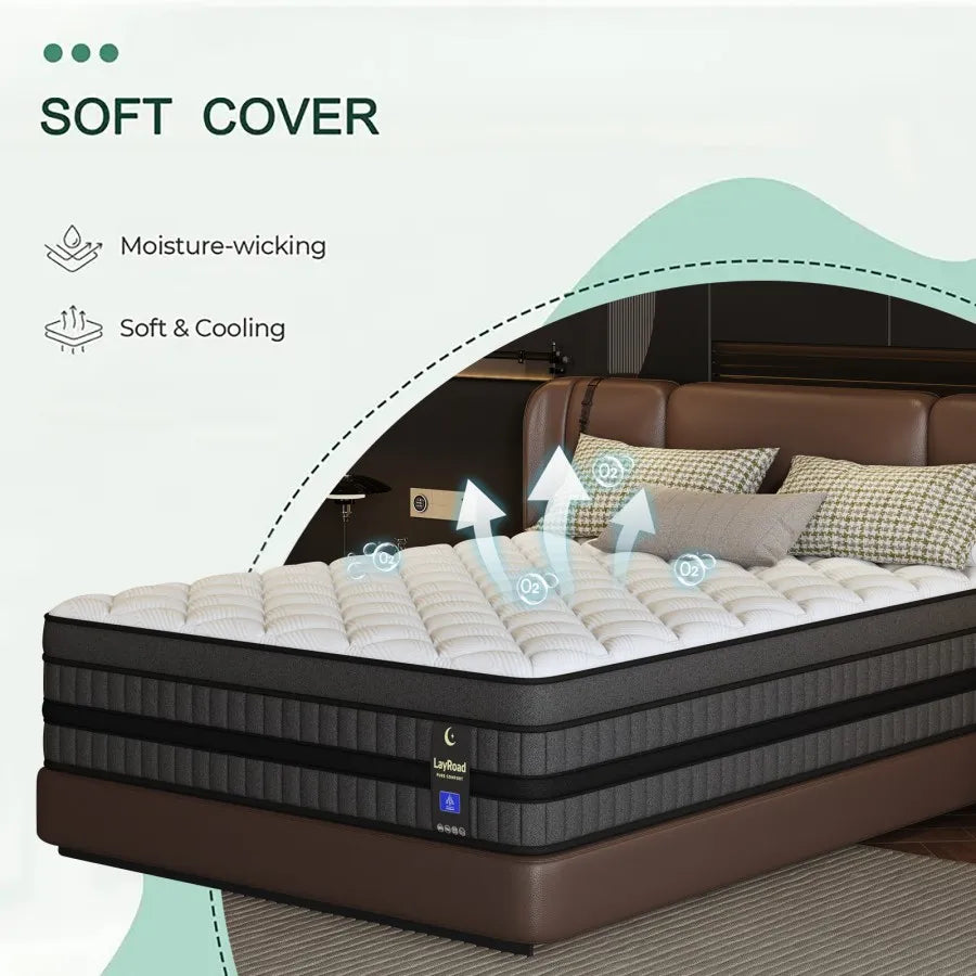 LayRoad 12-14IN Hybrid Mattress Medium Firmness Gel Memory Foam Spring Mattress Heat Dissipation Pressure Relief Boxed