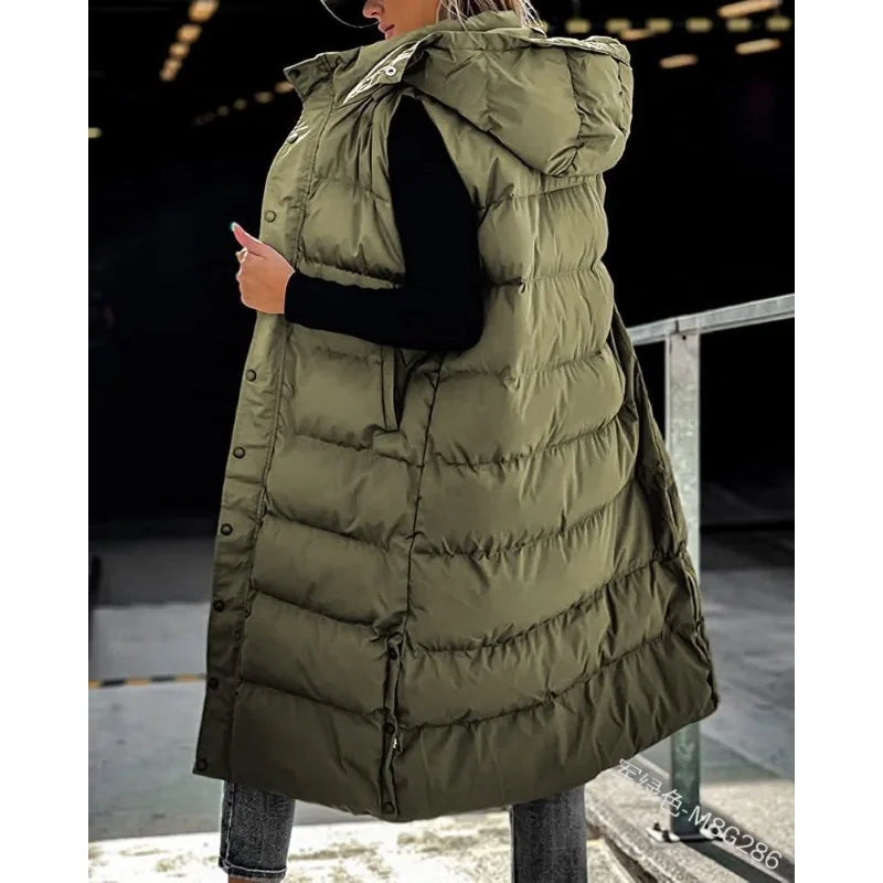 Women Solid Loose Zip Cardigan Parkas 2023 Autumn Winter Parkas Vest Coat Women Sleeveless Hooded Single Breasted Long Vest Coat Secondary image