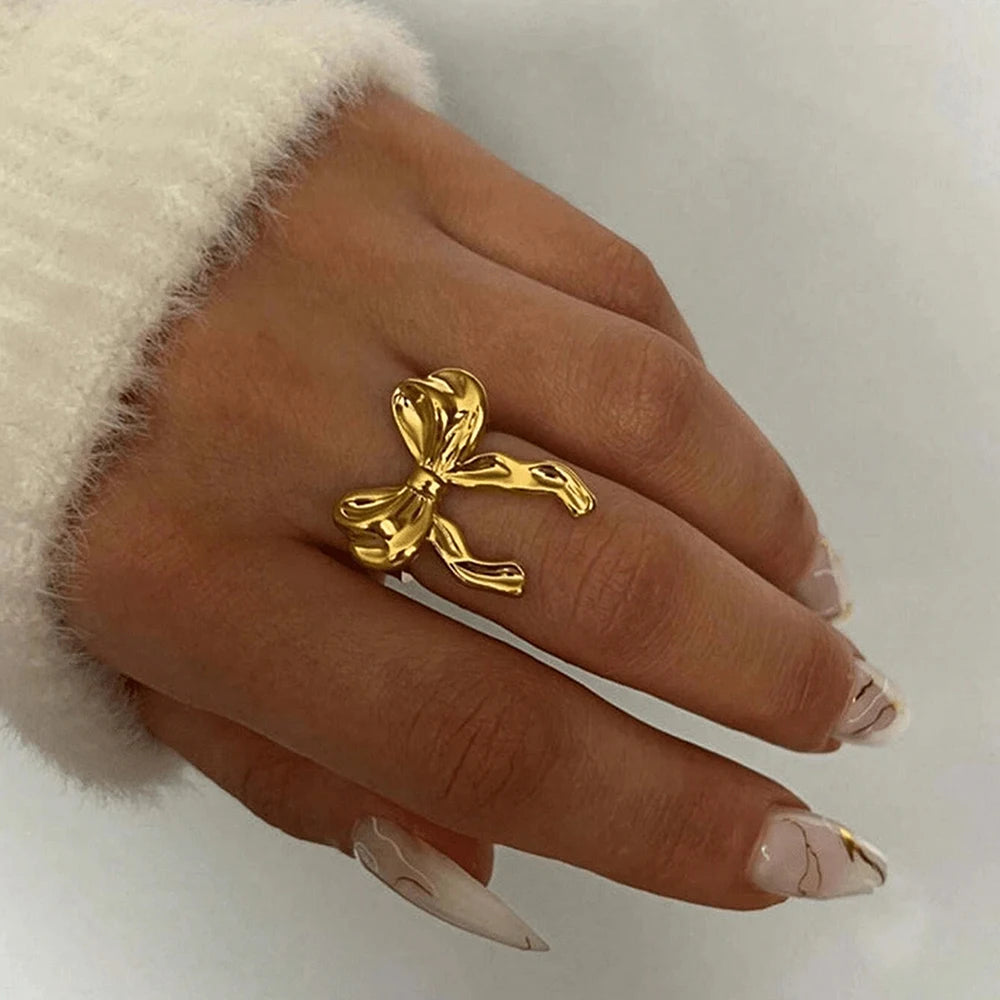 DGIDDK Stainless Steel Bow Ring Lightweight Luxury Elegant Stainless Steel Vintage Premium Feeling Jewelry For Women