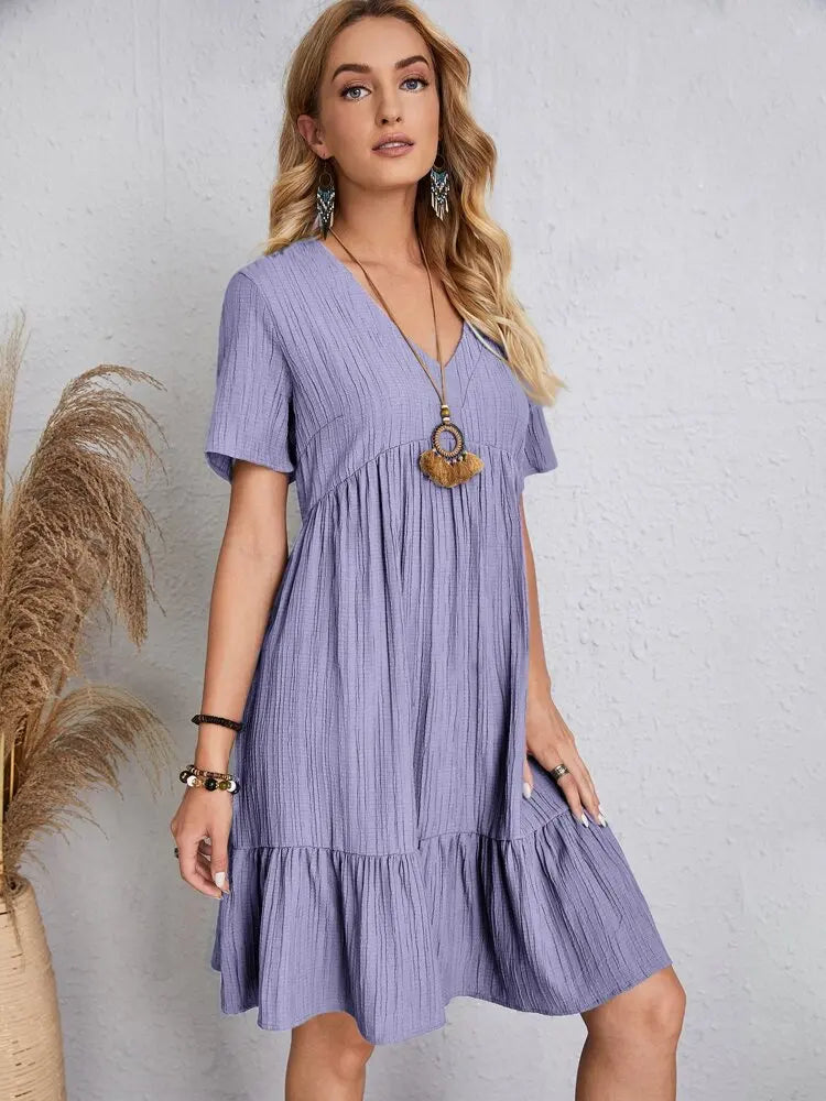 Elegant Solid V Neck A Line Dress 2024 New Summer Ruffles Loose Mini Dress Casual Short Sleeve Beach Party Vestidos Streetwear