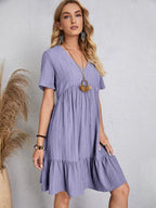 Elegant Solid V Neck A Line Dress 2024 New Summer Ruffles Loose Mini Dress Casual Short Sleeve Beach Party Vestidos Streetwear