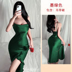 Red New Sling Sexy And Charming Ruffle Edge Bottom Split Smooth Surface Sleeveless Appear Thin Temperament Girl Long Dress 👗