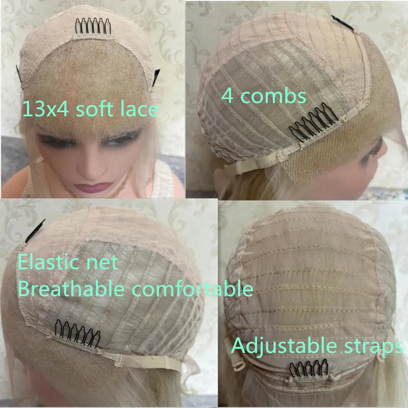 Wig female Ombre Platinum Blonde with Ash Brown Roots Natural Wig Synthetic Fibre Mixed Human Hair Wig Straight Full Wig HD Lace