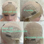 Wig female Ombre Platinum Blonde with Ash Brown Roots Natural Wig Synthetic Fibre Mixed Human Hair Wig Straight Full Wig HD Lace