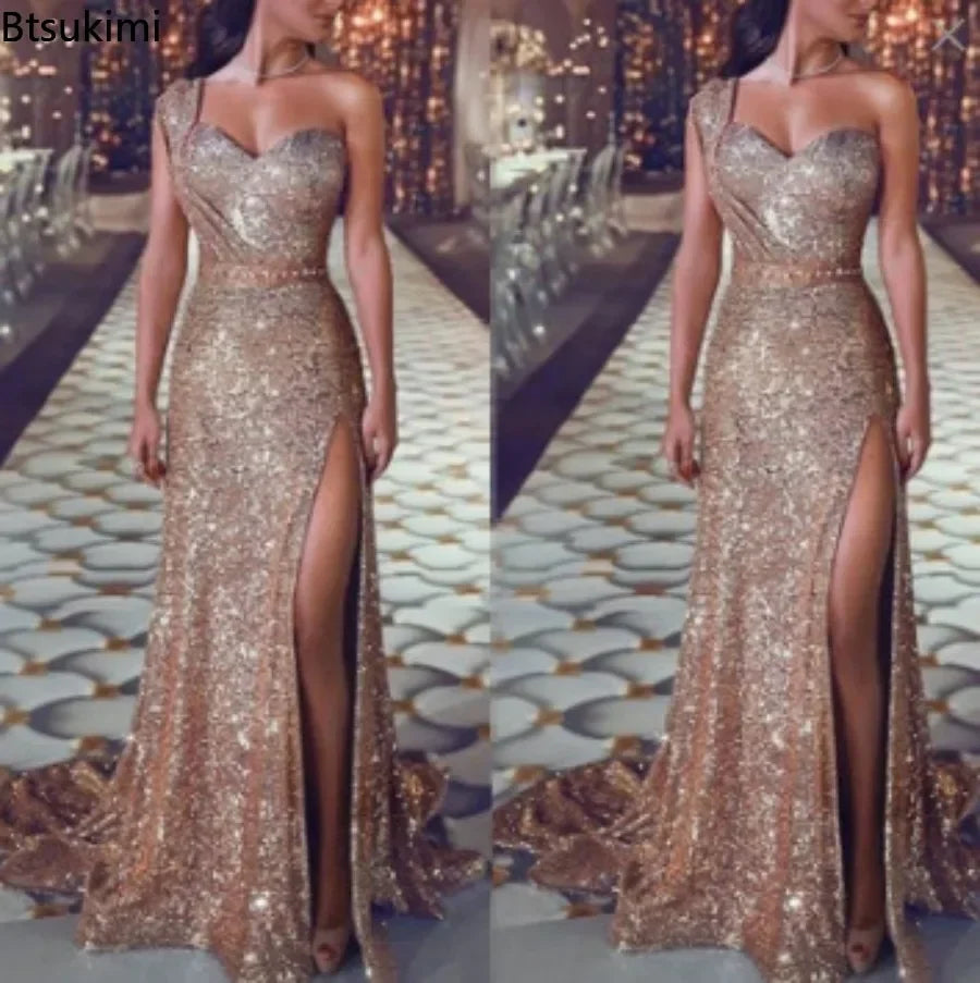 2026 Women's Wedding Party Dress Evening Elegant Sexy Deep V Neck One Shoulder Sleeveless Sequined Long Maxi Dresses For Women Secondary image