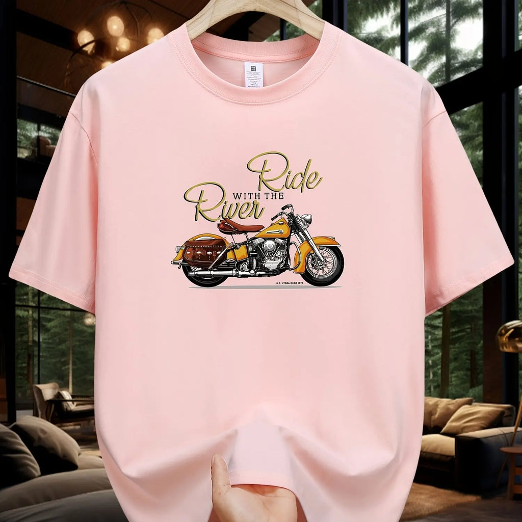 Men's Summer 100 Cotton Fashionable Casual Loose Large Size Classic Motorcycle Pattern Printed Round Neck Short Sleeve T-shirt