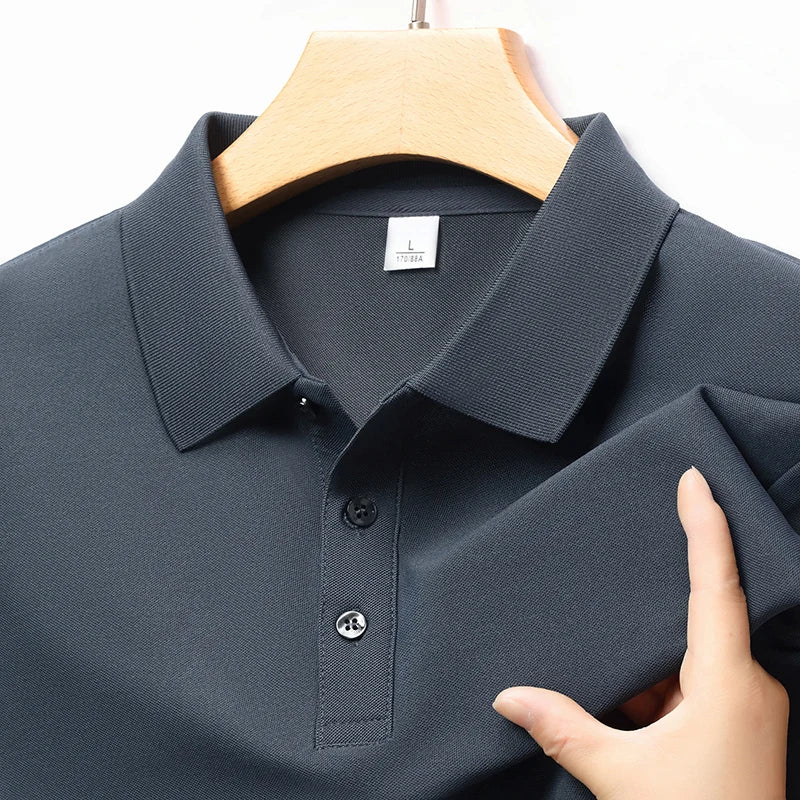 Autumn new men's long sleeved cotton polo shirt, middle-aged business, comfortable, solid color, loose men's lapel T-shirt