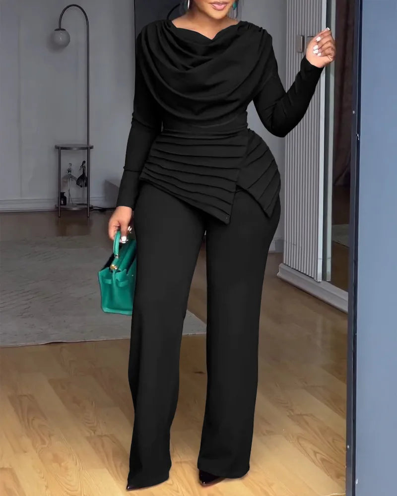 Swing Collar Ruched Jumpsuit Long Sleeve Solid Elegant Office Ladies Asymmetric Hem Autumn Casual Vintage Ruched Slim Rompers