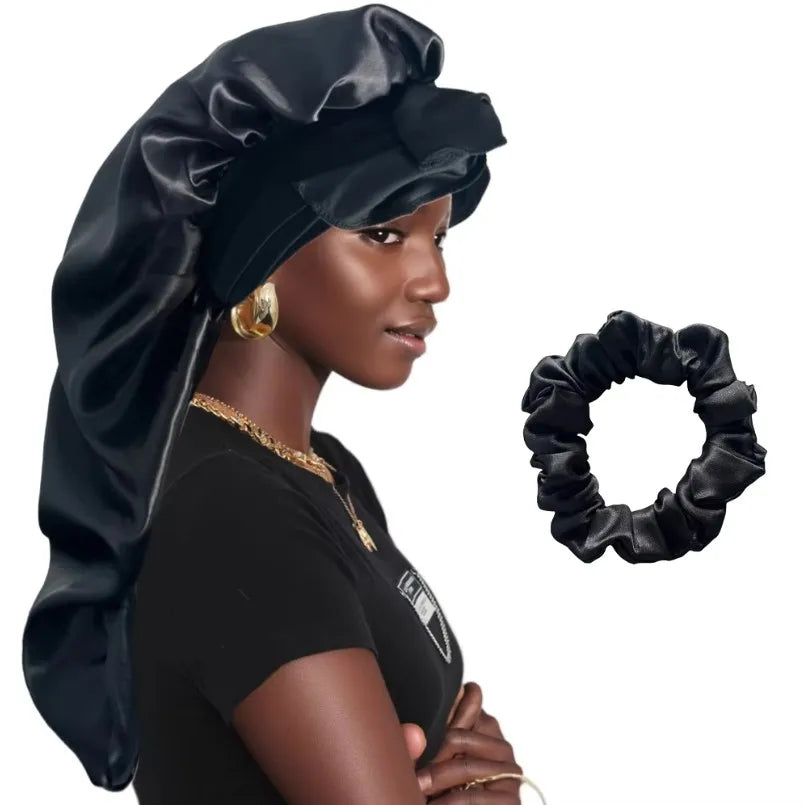 Women Bonnet Satin Sleeping Hat Long Tail Braid Hair Night Sleep Cap Head Cover Bonnets Shower Caps for Sauna Bathing Bonnet Main image