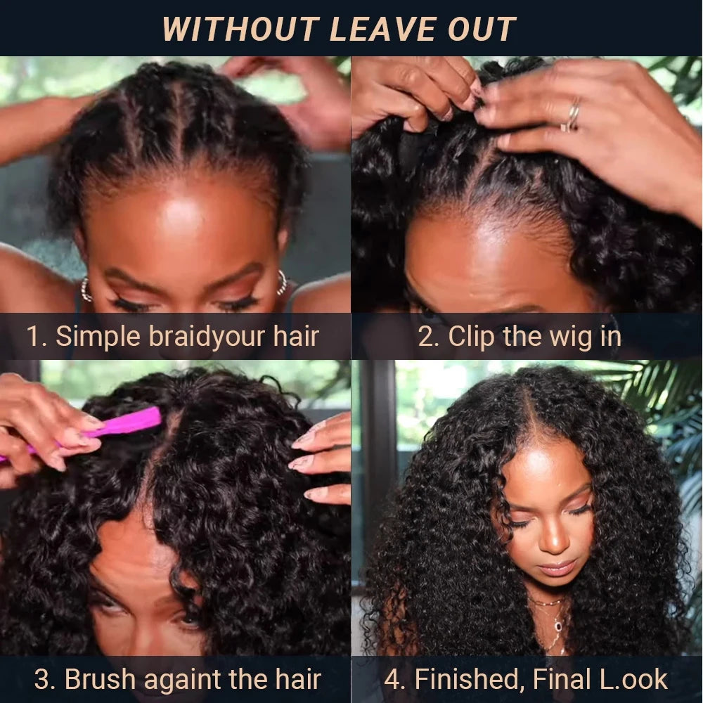 Kinky Curly V Part Wig Human Hair No Leave Out Thin Part Brazilian Hair Wigs for Women 250% Afro Curly Glueless V/U Part Wigs