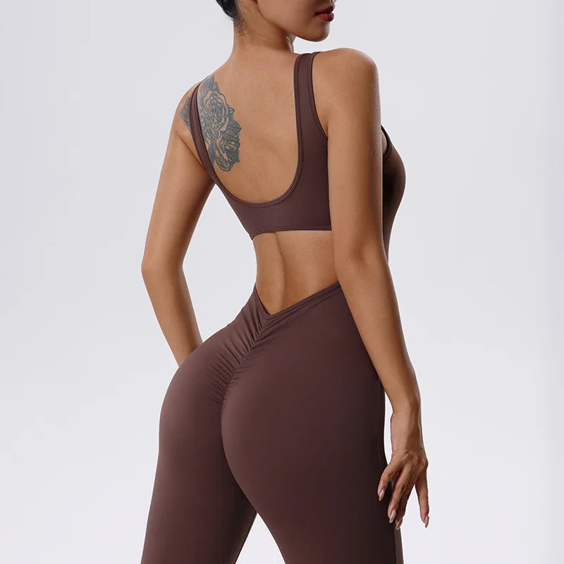 V Back Scrunch Gym Set Women Sport One-Piece Suit Yoga Suit Flared Pants Women Sports Jumpsuit Fitness Rompers Workout Bodysuits Secondary image