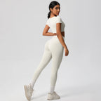 2PCS Woman Gym Sports Yoga Set Knitted Slim Workout Top Short Sleeve Quick Drying Legging Fitness Pants Running Sports Yoga Suit