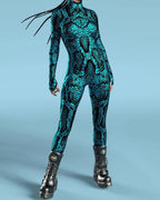 Women's Stylish Green Snake Print BodySuit New Halloween Adult Cosplay Jumpsuit Colorful 3D Printing Carnival Party Rave Outfits