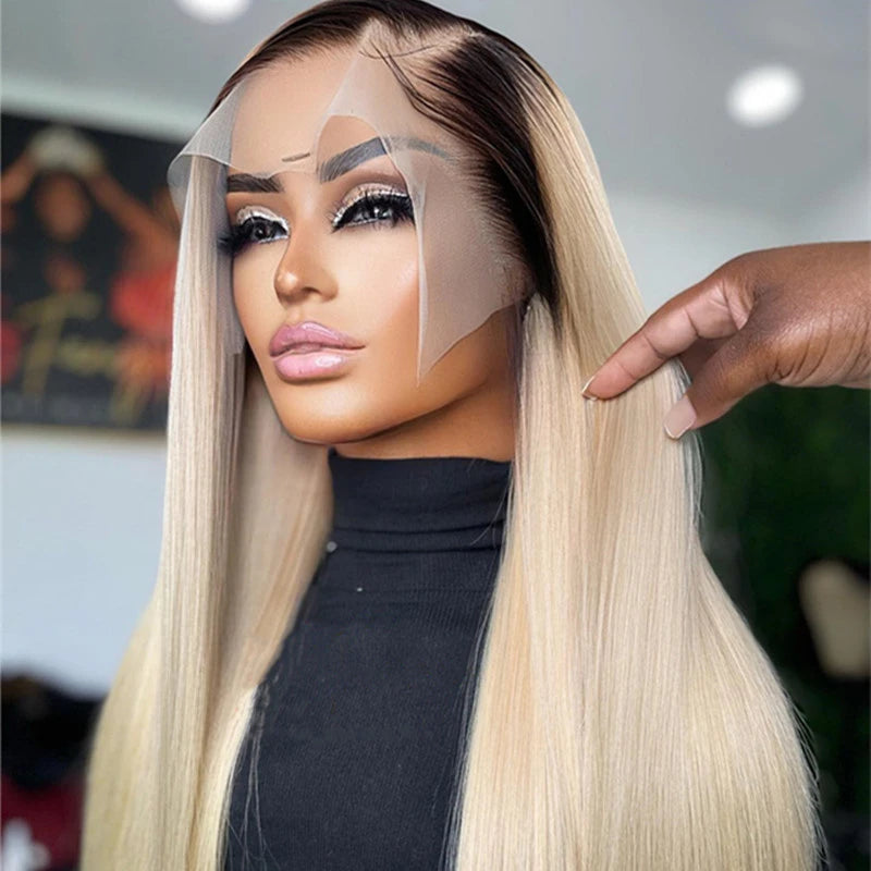 Soft Preplucked Ombre Blonde 26Inch 180Density Silky Straight Lace Front Wig Synthetic With Baby Hair Glueless Daily Wear Wigs Secondary image