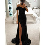 Women's S-XL Size New Party Sequins One line Neck Split Dress INS Casual Versatile Fashionable Charming Slimming Dress for Women