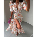 Flutter Sleeves Slim Long Dress Women Casual Pleated Deep V-neck Floral Print High Waist Dresses 2026 Lady Summer Holiday Wear