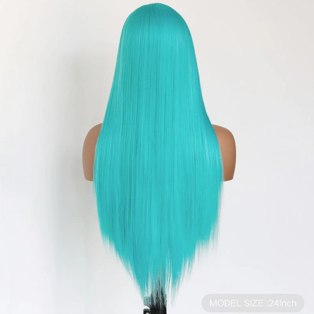 Mint Blue Color Synthetic Lace Front Wigs for Fashion Women 24 Inch Long Silky Straight Hair Mint Green Wig 13x4 HD Lace Front W